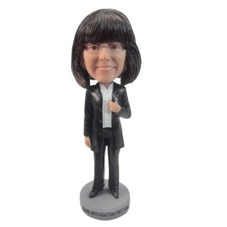 Customized Female Bobblehead Wearing A Black Suit